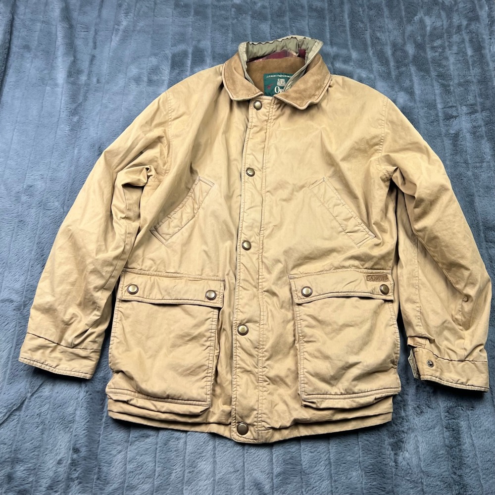 Orvis Mens Barn Jacket Tan Khaki Plaid Flannel Lined Field Coat Size L 14122